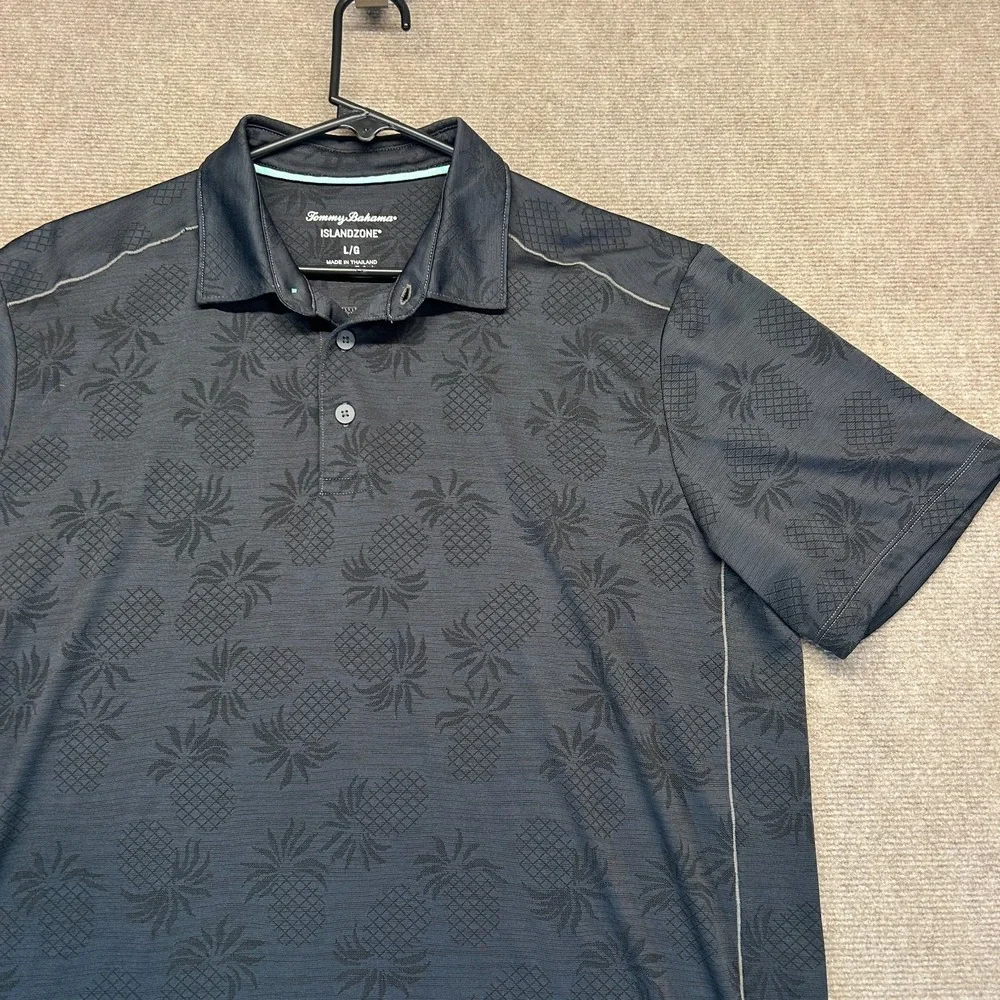 Tommy Bahama Islandzone Polo Shirt Men's Large Short Sleeve Gray Pineapple AOP